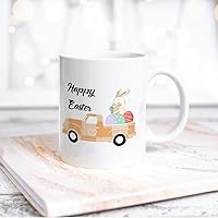 Funny White Ceramic Coffee Mug Happy Easter Day Orange Truck And Eggs Coffee Cup Drinking Mug With Handle For Home Office Desk Novelty Easter Gift Idea For Kid Children Women Men