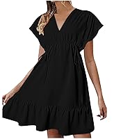 Women Drawstring A Line Dress Summer Cap Sleeve Sundress Casual V Neck Ruffle Swing Dresses Fashion Beach Resort Sun Dress