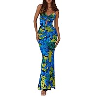 Women Y2k Vintage Slip Dress Floral Printed Spaghetti Strap Sleeveless Bodycon Maxi Dress Summer Backless Long Dress