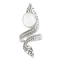 NOVICA Artisan Handmade Rainbow Moonstone Wrap Ring with .925 Sterling Silver Leaf Motifs India Gemstone Tree Birthstone 'Ethereal Perfection'