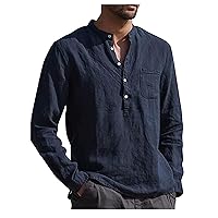 Linen Shirt Men,Long Sleeve 2024 Trendy Plus Size T-Shirt Solid Fashion Casual Button Top Blouse Outdoor Shirt Lightweight Tees Navy L