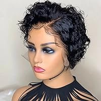Pixie Cut Wig Short Bob Curly Human Hair Wigs 13X6 Transparent Lace Natural Color Water Wave Human Hair Wig Pre Plucked Glueless Left Part Short wave Human Hair Wigs For Woman 150% Brazilian Remy Hair