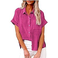Ofertas Del Dia De Hoy Relampago Button Down Shirts For Women Casual Loose Dress Blouses Office Work T-Shirt Short Sleeve Casual Tops Cotton Linen Women Blouses And Tops