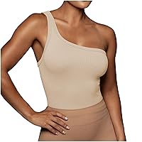 Womens One Shoulder Knit Ribbed Crop Tank Tops Summer Sleeveless Casual Slim Fit Sexy Elegant Yoga Top for Daily