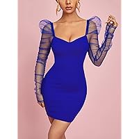 Dresses for Women - Mesh Sleeve Sweetheart Neckline Bodycon Dress (Color : Royal Blue, Size : X-Small)
