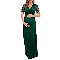 Y Lace Neckline Maternity Dress Lace Short Sleeve Maternity Maxi Dress for Baby Shower Maternity Photoshoot