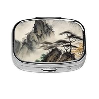 Chinese Landscape Painting Pill Box 2 Compartment Small Pill Case for Purse & Pocket Metal Medicine Case with Mirror Portable Travel Pillbox Medicine Organizer