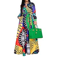 Maxi Dress for Women Casual Sexy V-Neck Floral Floor Length Long Sleeve Club Dress with Belt Green X-Large