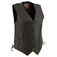 Milwaukee Leather MLL4560 Women's Black Naked Leather Classic Braided Side Lace Deep V-Neck Motorcycle Rider Vest