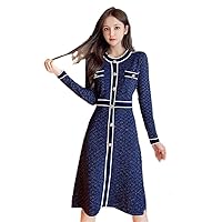 Plaid O Neck A-Line Knitted Dress Women Vintage Long Sleeve Breasted Sweater Dresses Navy Blue S