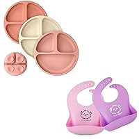 KeaBabies 3-Pack Suction Plates for Baby, Toddler & 2-Pack Baby Silicone Bibs - 100% Silicone Toddler Plates - Waterproof, Easy Wipe Silicone Bib for Babies - Divided Baby Plates with Suction