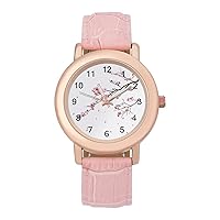 Pink Cherry Blossoms Womens Watch Round Printed Dial Pink Leather Band Fashion Wrist Watches