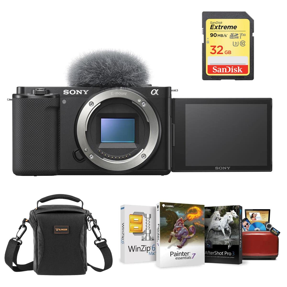 Sony ZV-E10 Mirrorless Camera Body, Black Bundle with, Corel Mac Photo Editing Software Suite, 32GB SD Card, Shoulder Bag