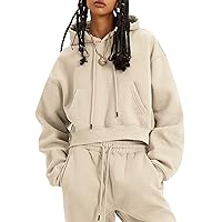 Flygo Womens Fleece 2 Piece Outfits Sweatsuit Crop Pullover Sweatshirt Joggers Pants Tracksuit Set(Beige-S)