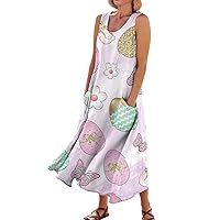 Maxi Dress for Women Cottone Linen Spring Summer Dresses Boho Floral Crewneck Sleeveless Casual A-Line Swing Long Dress