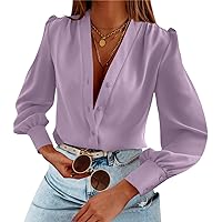 Women's Business Casual Tops Summer Long Sleeve Silk Button Down Shirts V Neck Chiffon Blouses…