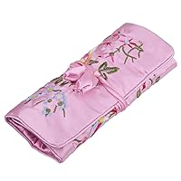 TUMBEELLUWA Embroidery Travel Jewelry Bag Roll Embroidered Flower and Bird Brocade Organizer with Tie Close, Pink
