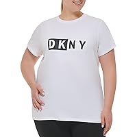 DKNY Women's Short Sleeve Crew Neck Two Tone Split Logo Tee