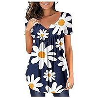 Autumn Formals Modern Top for Women Plus Size Short Sleeve Comfy Tummy Control Tees Floral Henley Ruched