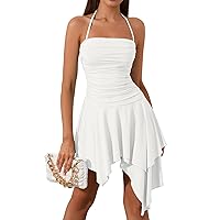 Women's Summer Mini Dress Bodycon Ruched Backless Halter Flowy Ruffle Party Club Short Dresses