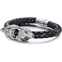 Men Stainless Steel Double Wolf Head Leather Bracelet,Viking Norse Mythology Fenrir Braided Rope Bangles,Middle Ages Retro Wristband Jewelry (Size : 21.5 Centimetres)