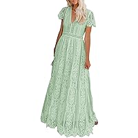 MEROKEETY Women's V Neck Short Sleeve Floral Lace Wedding Dress Bridesmaid Cocktail Party Maxi Dress