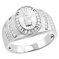 Sterling Silver CZ Guadalupe Ring for Men Oval Diamond Cut Halo 9/16 inch sizes 8-14