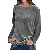 Women's Elegant Long Sleeve Tops Round Neck Vintage Velvet Blouse Velour Pullover Casual Solid Color Shirts Tees
