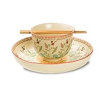 Euro Ceramica Ceramic Ramen Bowl Set | Ella Collection Salad Soup Ramen Bowl 2 Sizes Included with Chopsticks | Microwaveable Bowl for Ramen, Noodles, Pho, and Udon - Red Floral Design