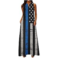 4th of July Patriotic Dress for Women American Flag Stars Stripes Print Long Maxi Dress Notch V Neck Sleeveless Pocket Dress