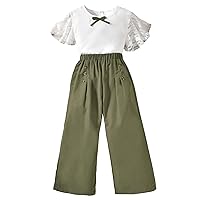 OYOANGLE Girl's 2 Pieces Outfits Contrast Lace Short Sleeve Round Neck Bow Tee Top and Wide Leg Pants Set