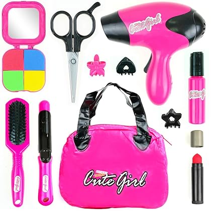 Big Mo's Toys Kids Beauty Salon Set, Stylish Girls Beauty Fashion Pretend Play Toy with Cosmetic Bag, Hairdryer, Curling Iron, Blush Pallet with Mirror, Lipstick & Styling Accessories, 12 Piece Set