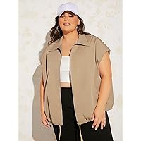 Plus Size Womens Jackets Plus Batwing Sleeve Zip Up Drawstring Jacket Plus Size Jackets (Color : Khaki, Size : US22)