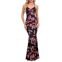 2024 Women Sexy Spaghetti Strap Boho Floral Print Vacation Dress Deep V Neck High Waist Bodycon Mermaid Hem Maxi Dress