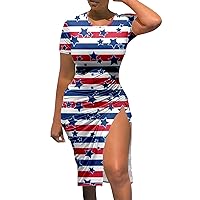 Spring Formal Dress,Women Casual Short Sleeve Skinny Drawstring Slit Independence Day Funny Print Dress Plus Si