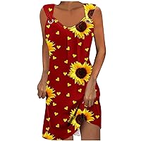 Women's Sleeveless Summer T Shirts Dress Fashion Round Neck Cutout Beach Sundress Cute Sunflower Print Tank Dresses