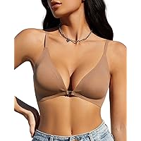 WOWENY Front Closure Bras for Women No Underwire Low Cut Deep V Padded Bralette Seamless Comfy Bras with Support