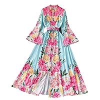 Vintage Floral Print Maxi Long Party Dresses Women Stand Collar Flare Sleeve Largo Vestidos Robes