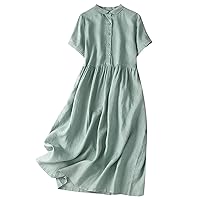 Women Korean Style Henley Shirt Dress Summer Cotton Linen Short Sleeve Casual Fashion A-Line Dress Solid Color Dress