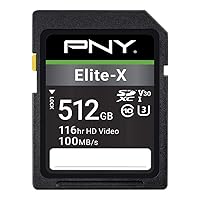 PNY 512GB Elite-X Class 10 U3 V30 SDXC Flash Memory Card - 100MB/s, Class 10, U3, V30, 4K UHD, Full HD, UHS-I, Full Size SD