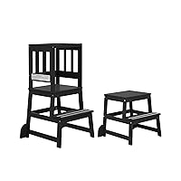 2-in-1 Funtastic Tower and Step Stool, Easy to Assemble, Multi-Purpose Stool with Non-Toxic Paint Finish, Made of Solid Pinewood, Black