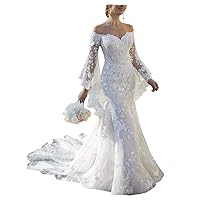Tsbridal Women Long Sleeve Lace Wedding Dress White Beach Birdal Dresses