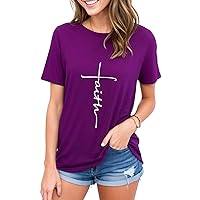 Women Cross Faith T-Shirt Printed Letter Christian Graphic Cute Tees (Purple Crew, M)