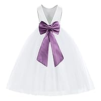 ekidsbridal White V-Back Satin Flower Girl Dress with Colored Sash Princess Gown 219T