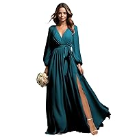 Long Sleeve Chiffon Bridesmaid Dresses with Slit V Neck Pleated Formal Prom Dress Evening Gowns for Women MA49