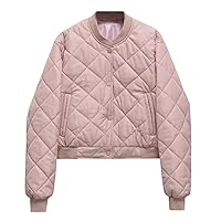 Women's Winter Lightweight Quilted Bomber Jacket Long Sleeve Button Down Coat Oversized Varsity Jacket with Pockets