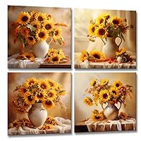 Sunflower Pictures Canvas Wall Art /4 Pieces Yellow Flower Vase Painting /Kitchen Wall Pictures for Living room Decoration /Gift for Teen Girl Women 12x12 Inch Unframed for Home Office Wall Decor