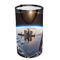 International Space Station Picture Print Laundry Hamper Waterproof Laundry Basket Protable Storage Bin with Handles Dirty Clothes Organizer Circular Storage Bag for Bathroom Bedroom Car