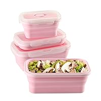 Keweis Silicone Lunch Box Bento Box, Collapsible Folding Food Storage Container with Lids, Kitchen Microwave Freezer and Dishwasher Safe, Set of 3, (Pink)