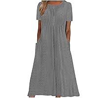 Women Hollow Eyelet Shirt Dress Summer Short Sleeve Crewneck A-Line Dress Casual Loose Beach Long Dress with Pockets